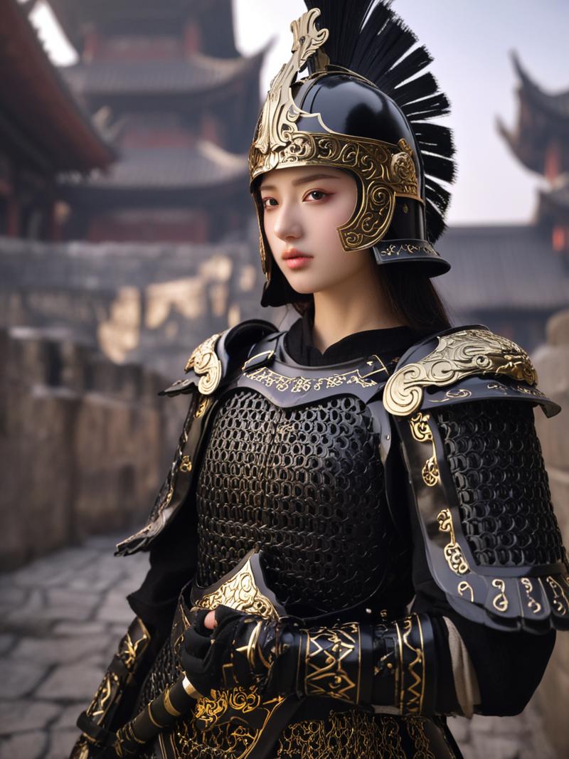 01298-1283642084-_lora_中式甲胄_60_6-000002_0.45_, black Chinese_armor,armor, a girl, realistic,solo,Metal mask,Background of ancient Chinese cities,.png